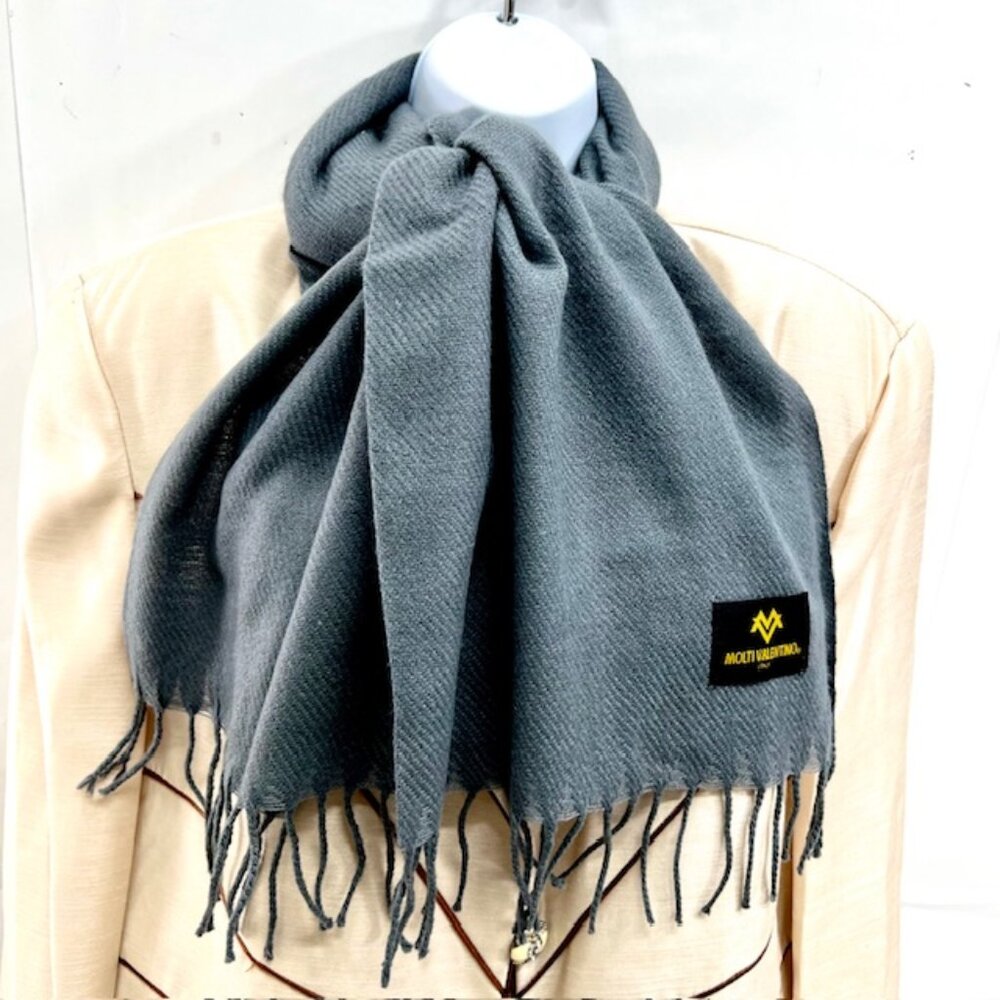 New in Bag MOLTI VALENTINO Italy Scarf Men/Women 100% Wool, Gray Fringed 68"x28